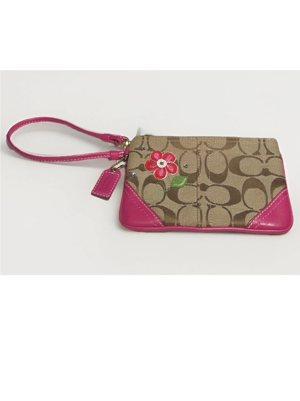 Coach Wristlet Signature Canvas,Hot Pink Leather Trim, Floral Appliqué, Crystals